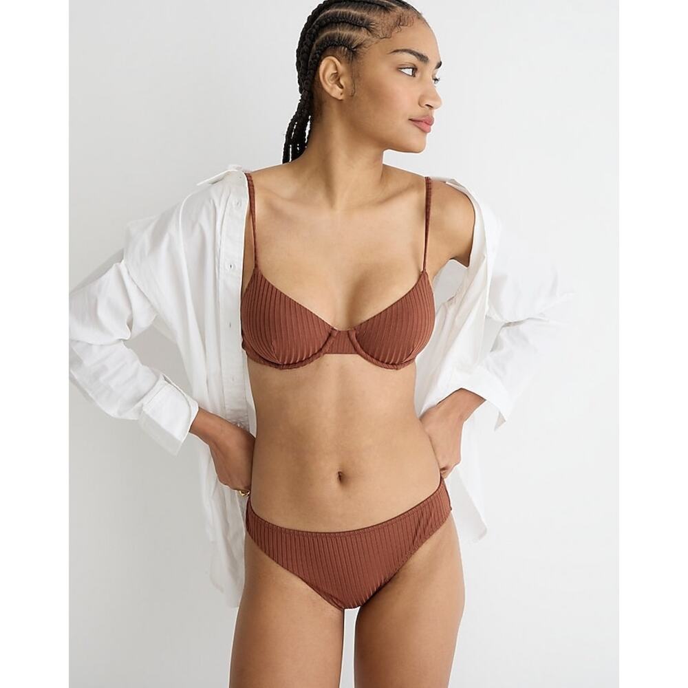 New J. Crew Brown Wide Ribbed Hipster Bikini Swim Bathing Suit Bottom Size XXS